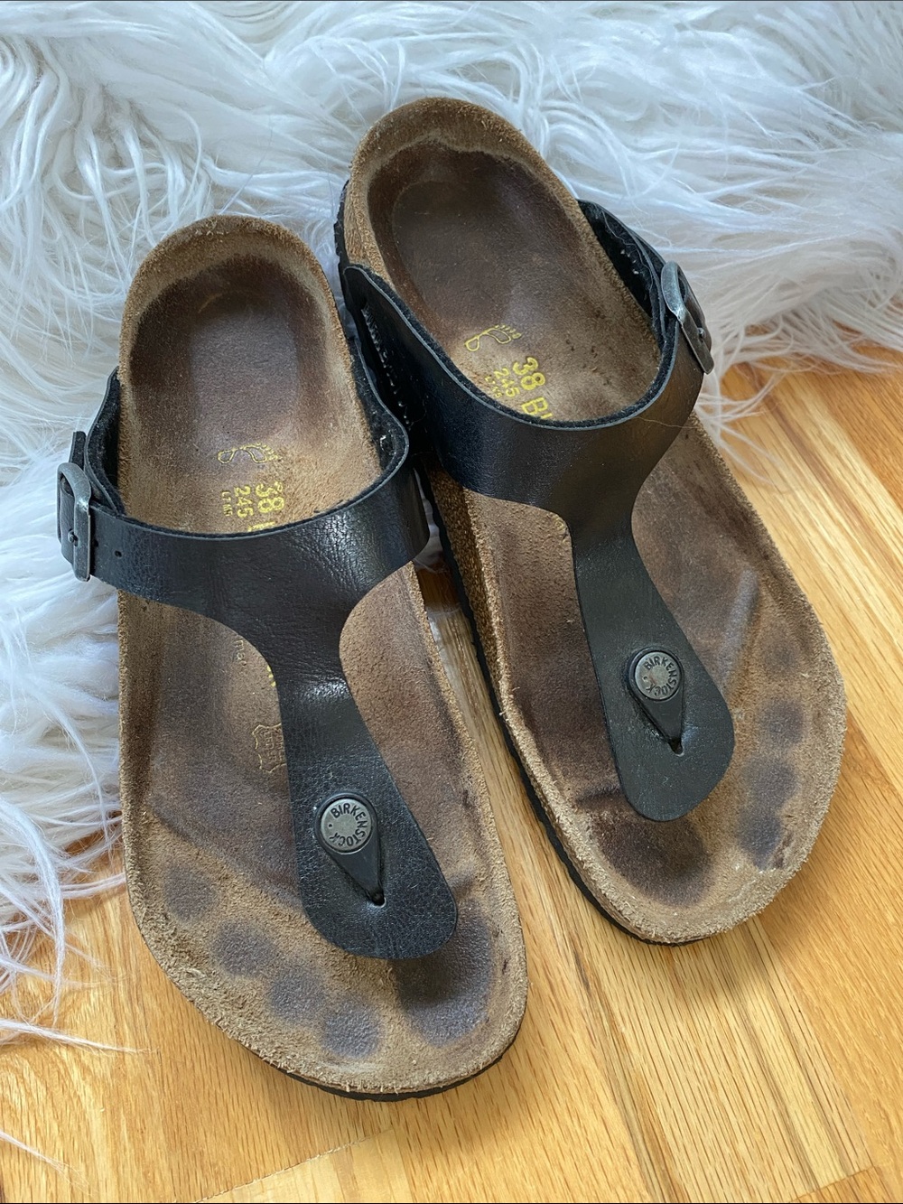 Birkenstock Black Gizeh Birko Flor suede Footbed Slip-On Sandals EU38 US 7 & 7.5